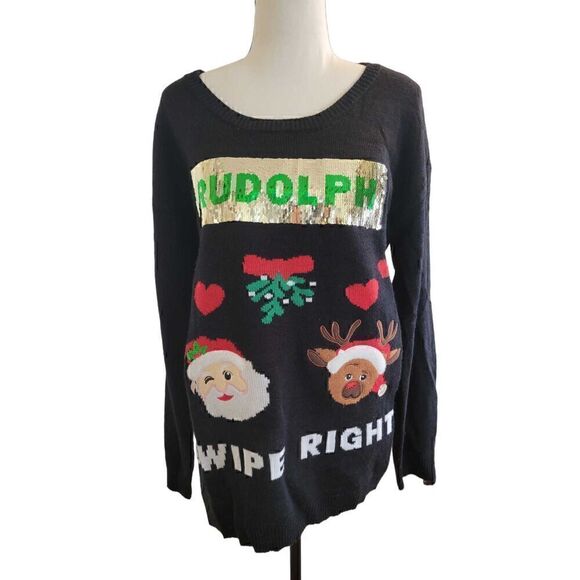 Joyland Sz L Christmas Sweater Swipe Right Santa Rudolph Reversible Sequin Ugly - Picture 1 of 7